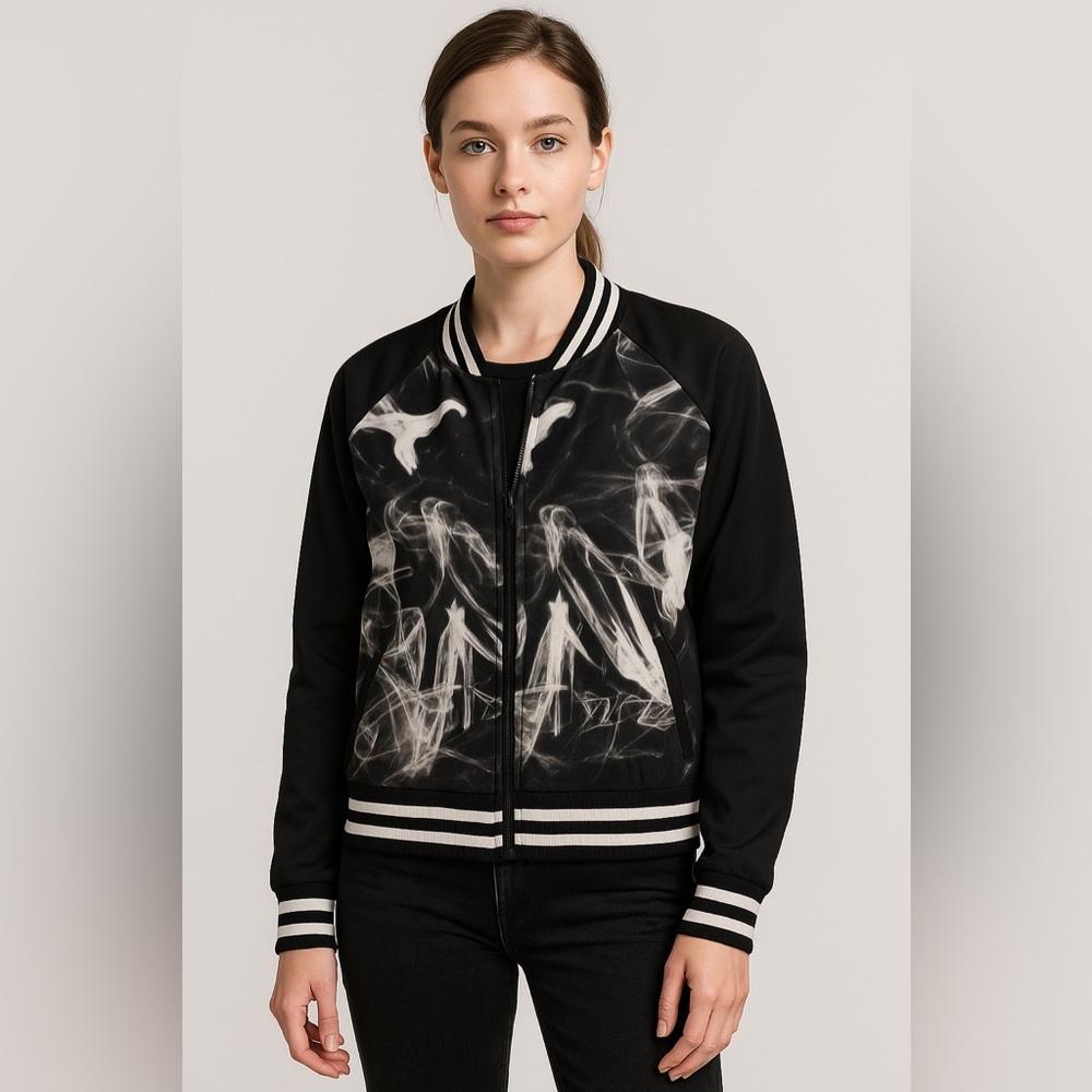 Rue21 Smoke Print Bomber Jacket Black White Zip Up Varsity Style Women’s‎ Large